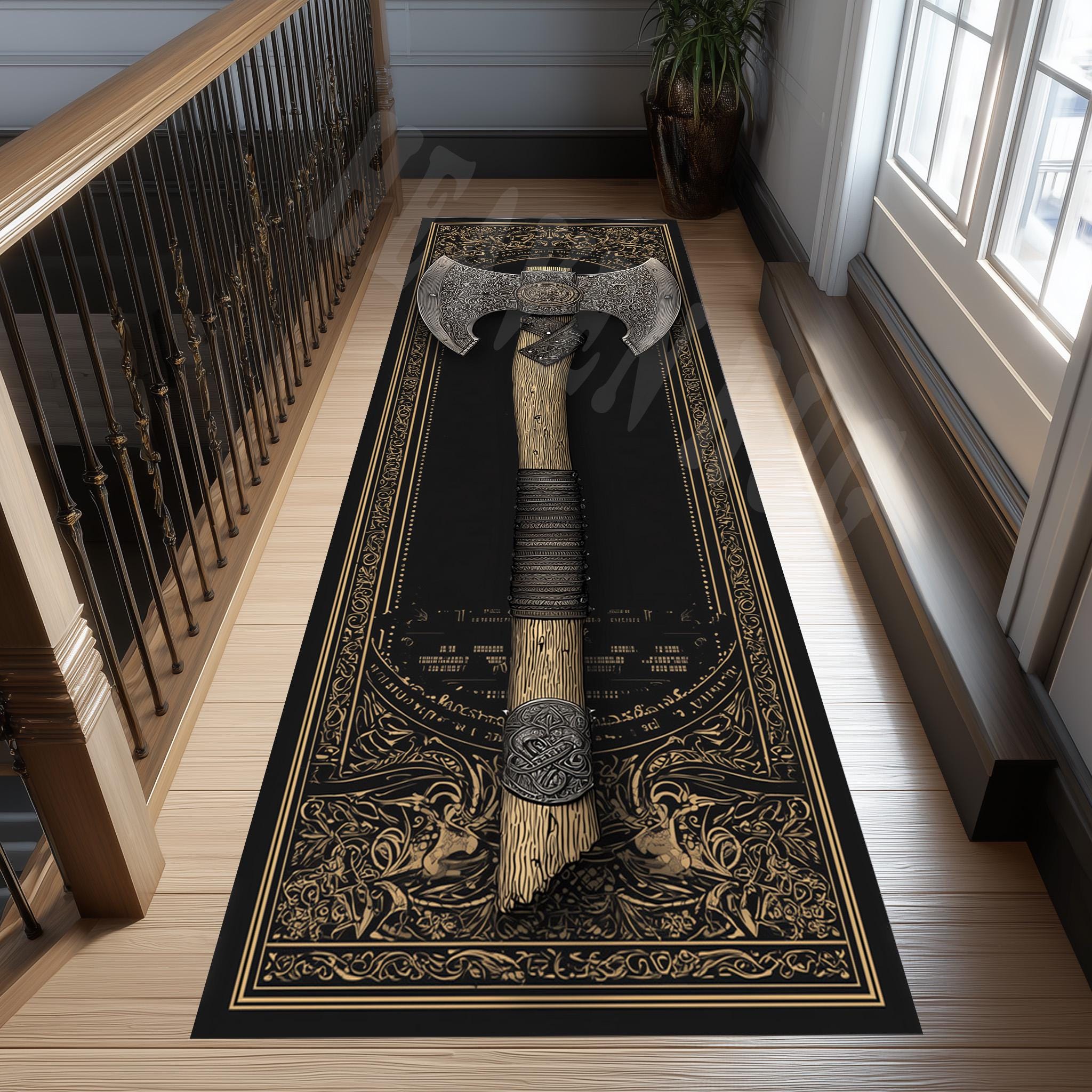 Viking Rug - Viking Axe Runner Rug, Nordic Warrior Black Gold Decor, Norse Myth Battle Axe Carpet