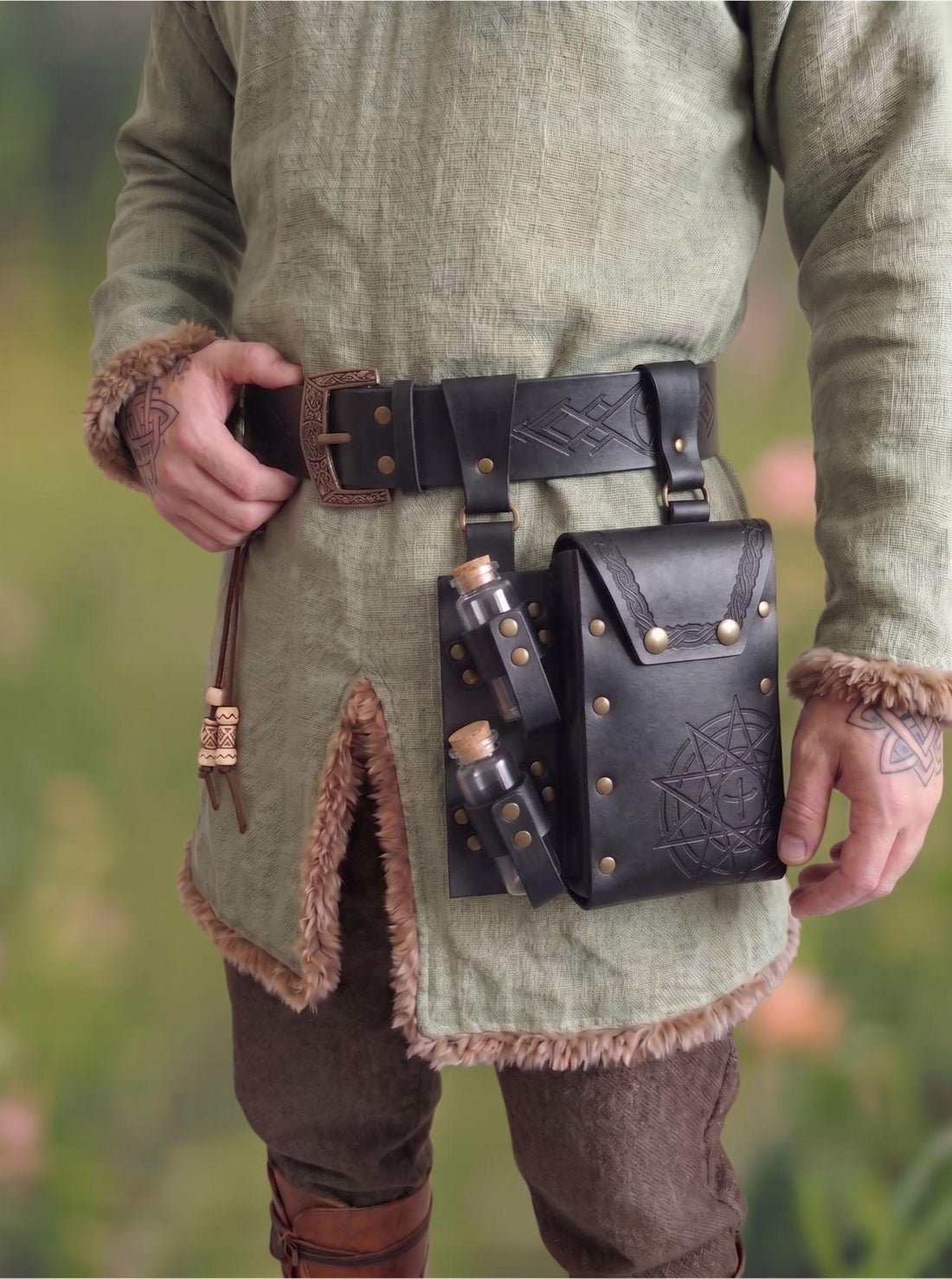 Viking Costume & LARP - Viking Black Medieval Leather Belt Pouch with Potion Bottles for