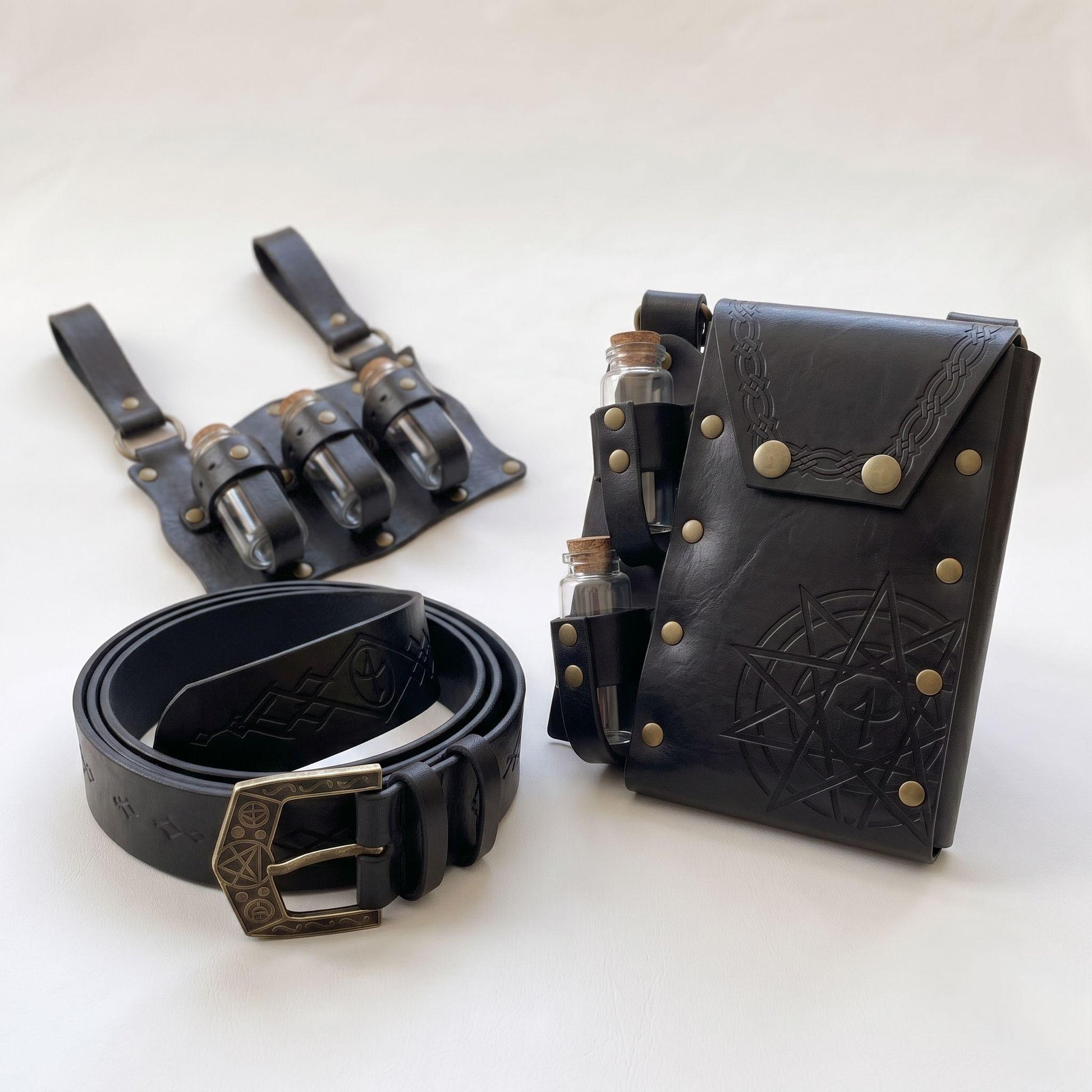 Viking Costume & LARP - Viking Black Medieval Leather Belt Pouch with Potion Bottles for