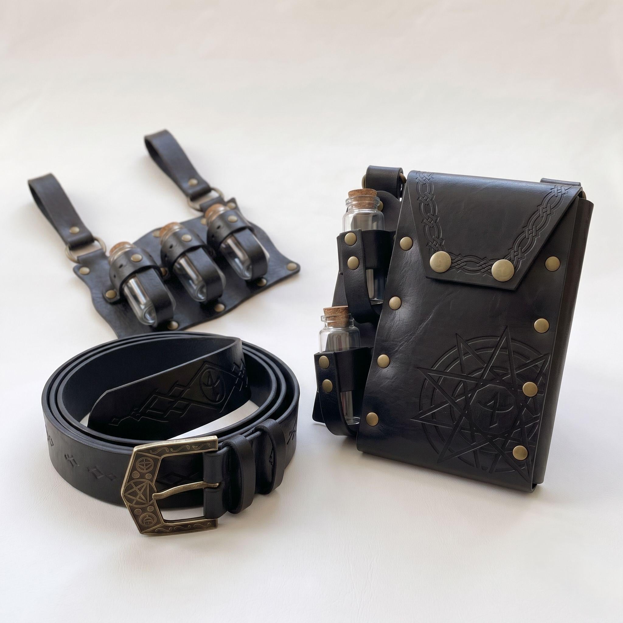 Viking Costume & LARP - Viking Black Medieval Leather Belt Pouch with Potion Bottles for