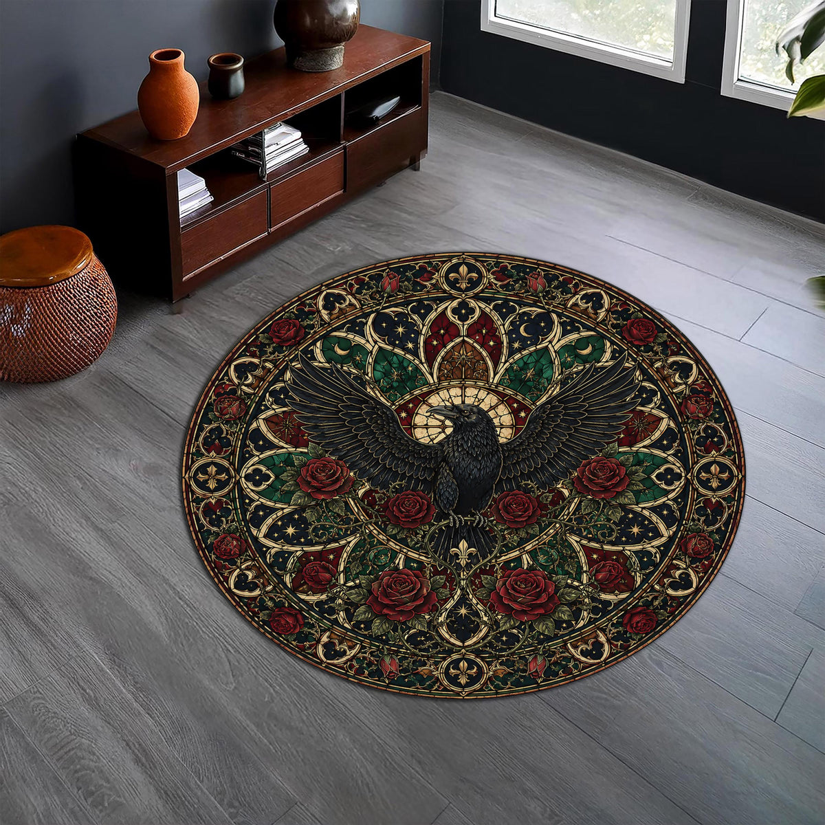 Viking Raven Rug - Viking Raven Round Rug, Norse Rune Circle Carpet, Celtic Knot Boho Gothic Decor