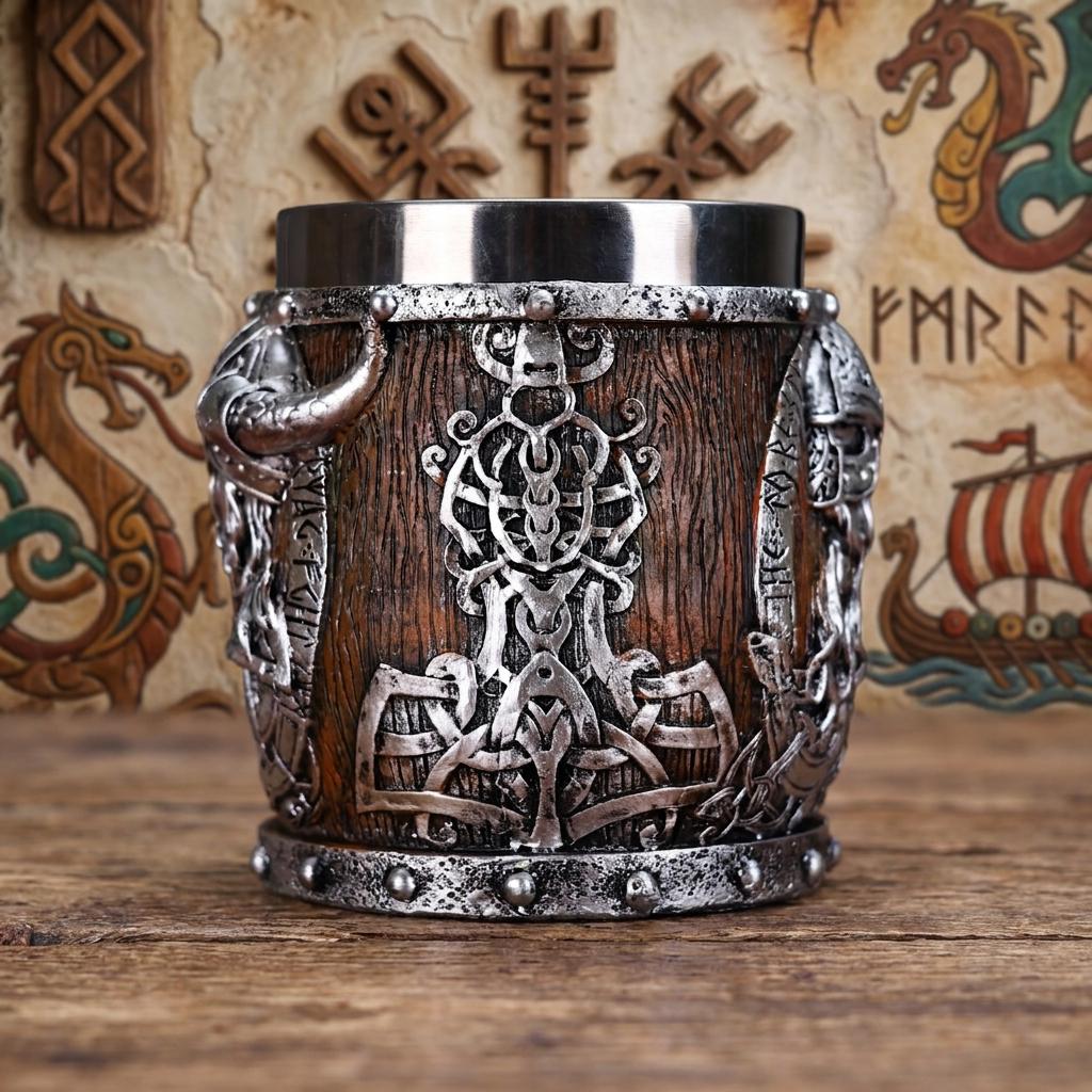 Viking Valhalla Mug - Valhalla Viking Tankard Mug, Stainless Steel Dragon Boat Skull Beer Mug