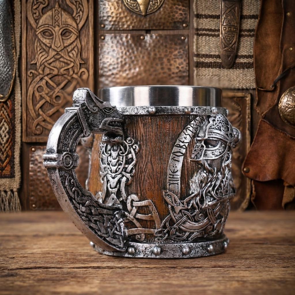 Viking Valhalla Mug - Valhalla Viking Tankard Mug, Stainless Steel Dragon Boat Skull Beer Mug