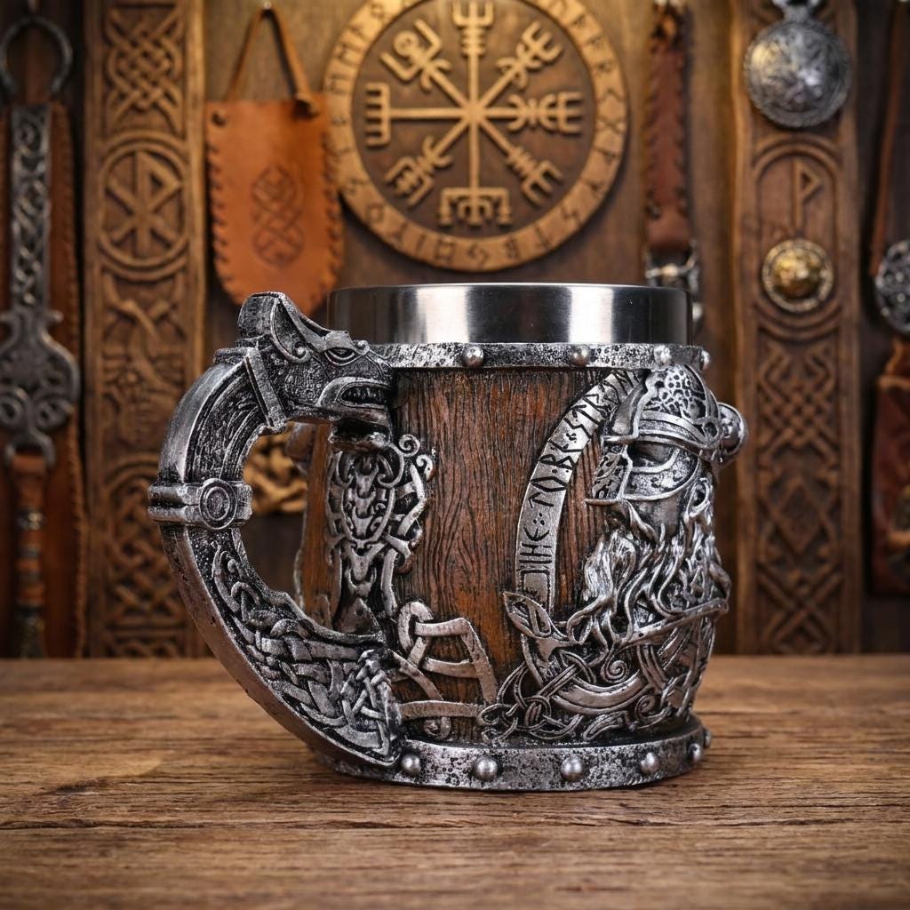 Viking Valhalla Mug - Valhalla Viking Tankard Mug, Stainless Steel Dragon Boat Skull Beer Mug