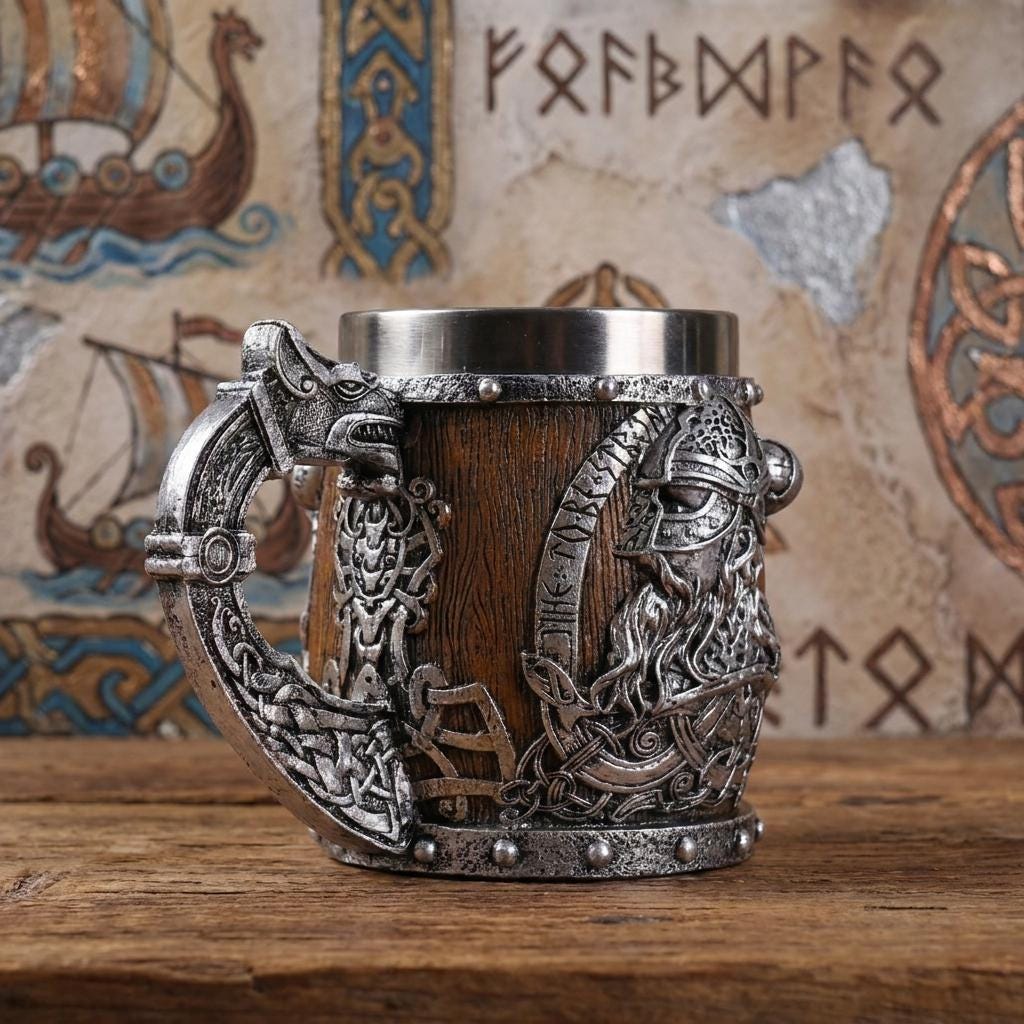 Viking Valhalla Mug - Valhalla Viking Tankard Mug, Stainless Steel Dragon Boat Skull Beer Mug