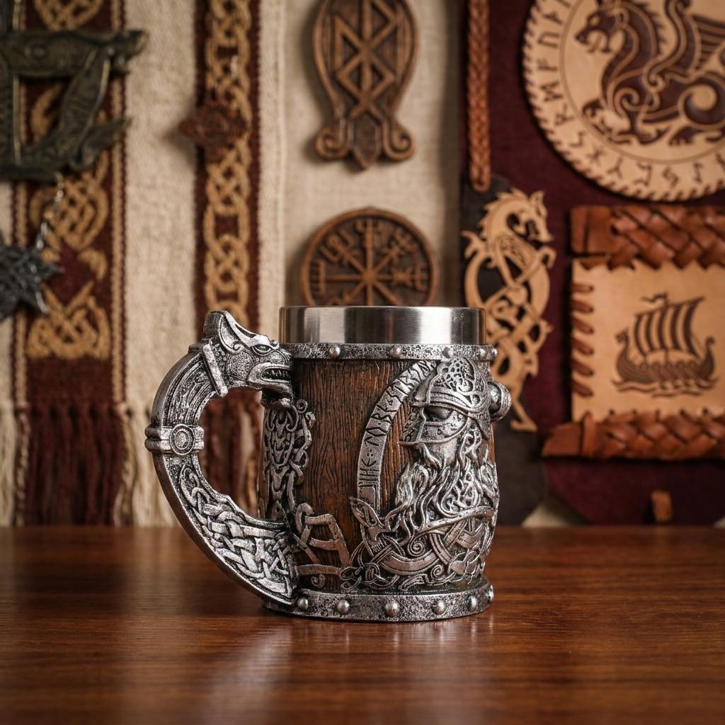 Viking Valhalla Mug - Valhalla Viking Tankard Mug, Stainless Steel Dragon Boat Skull Beer Mug