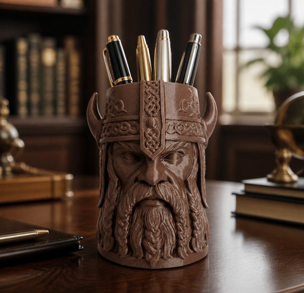 Viking Mug - 3D Printed Viking Warrior Mug – Norse Berserker Tankard, Horned Helmet Desk Organizer