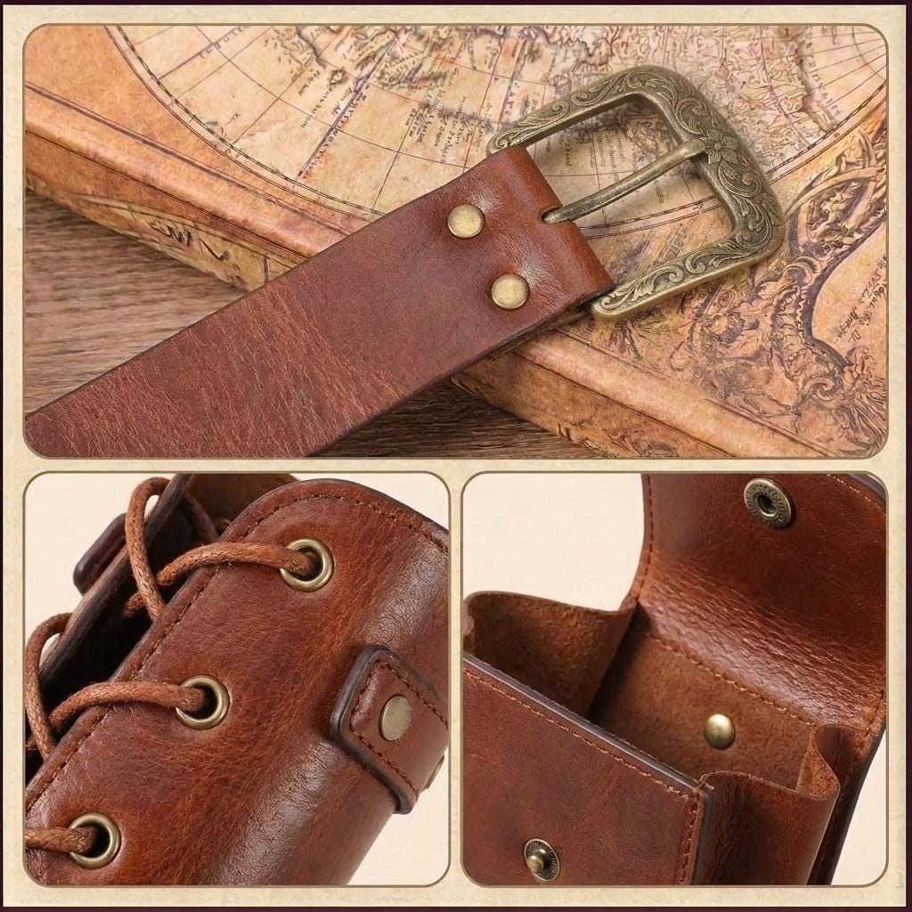 Viking Costume & LARP - Handmade Medieval Viking Leather Accessories Set, Genuine Cowhide Belt