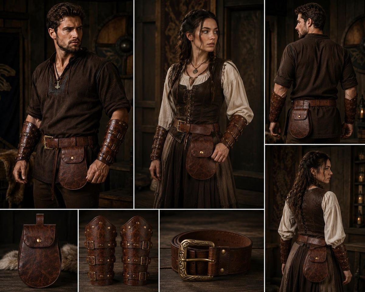 Viking Costume & LARP - Handmade Medieval Viking Leather Accessories Set, Genuine Cowhide Belt