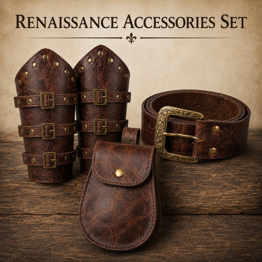 Viking Costume & LARP - Handmade Medieval Viking Leather Accessories Set, Genuine Cowhide Belt