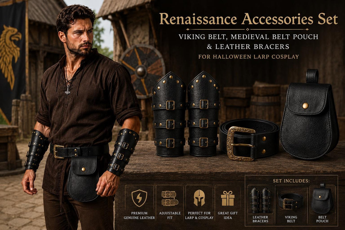 Viking Costume & LARP - Handmade Medieval Viking Leather Accessories Set, Genuine Cowhide Belt