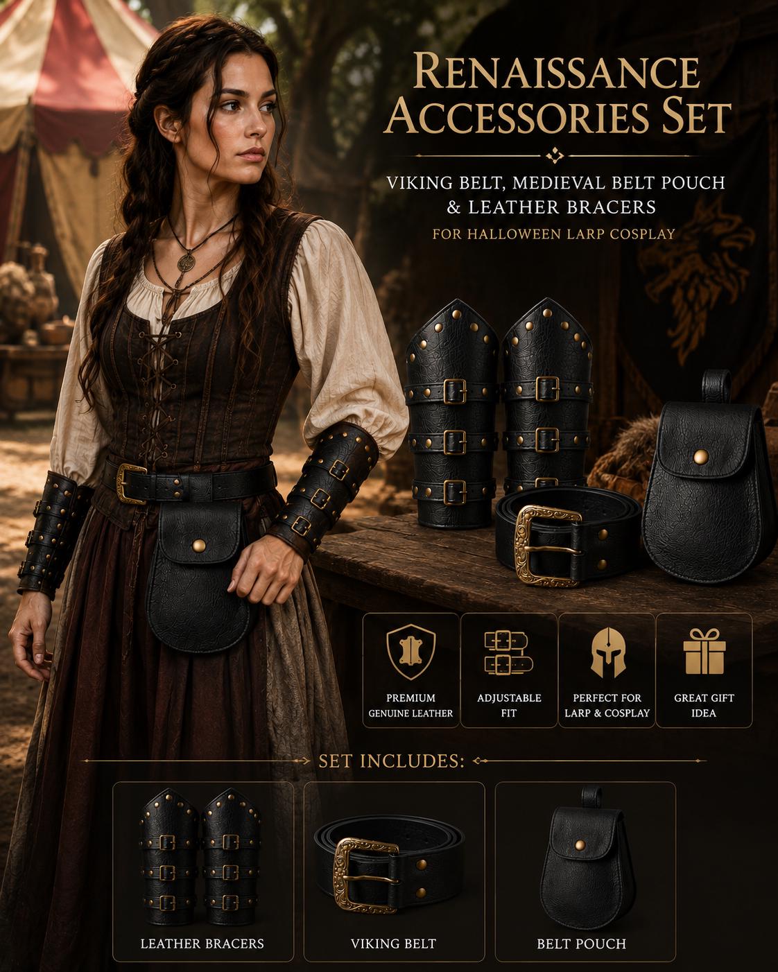 Viking Costume & LARP - Handmade Medieval Viking Leather Accessories Set, Genuine Cowhide Belt