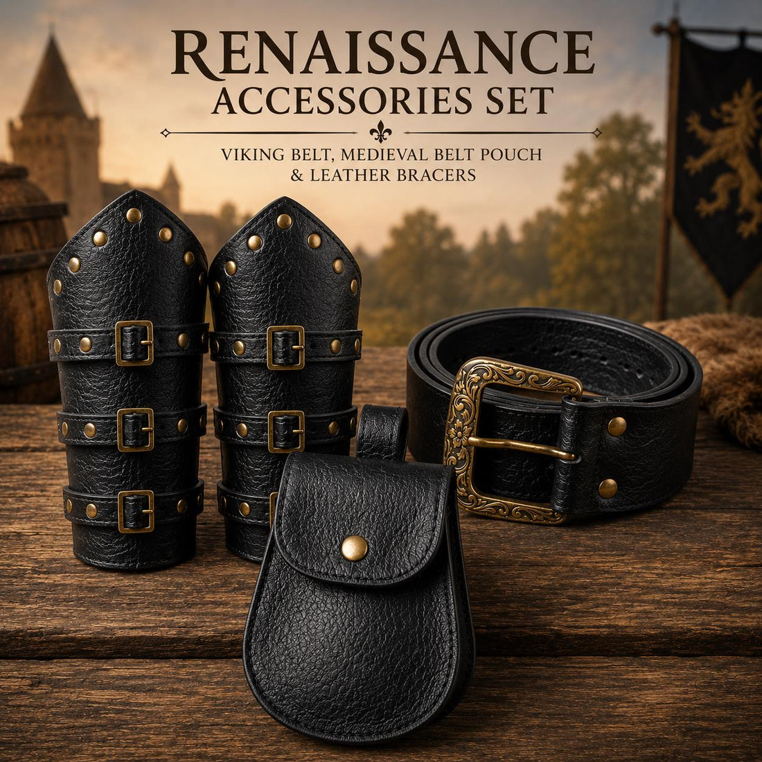 Viking Costume & LARP - Handmade Medieval Viking Leather Accessories Set, Genuine Cowhide Belt