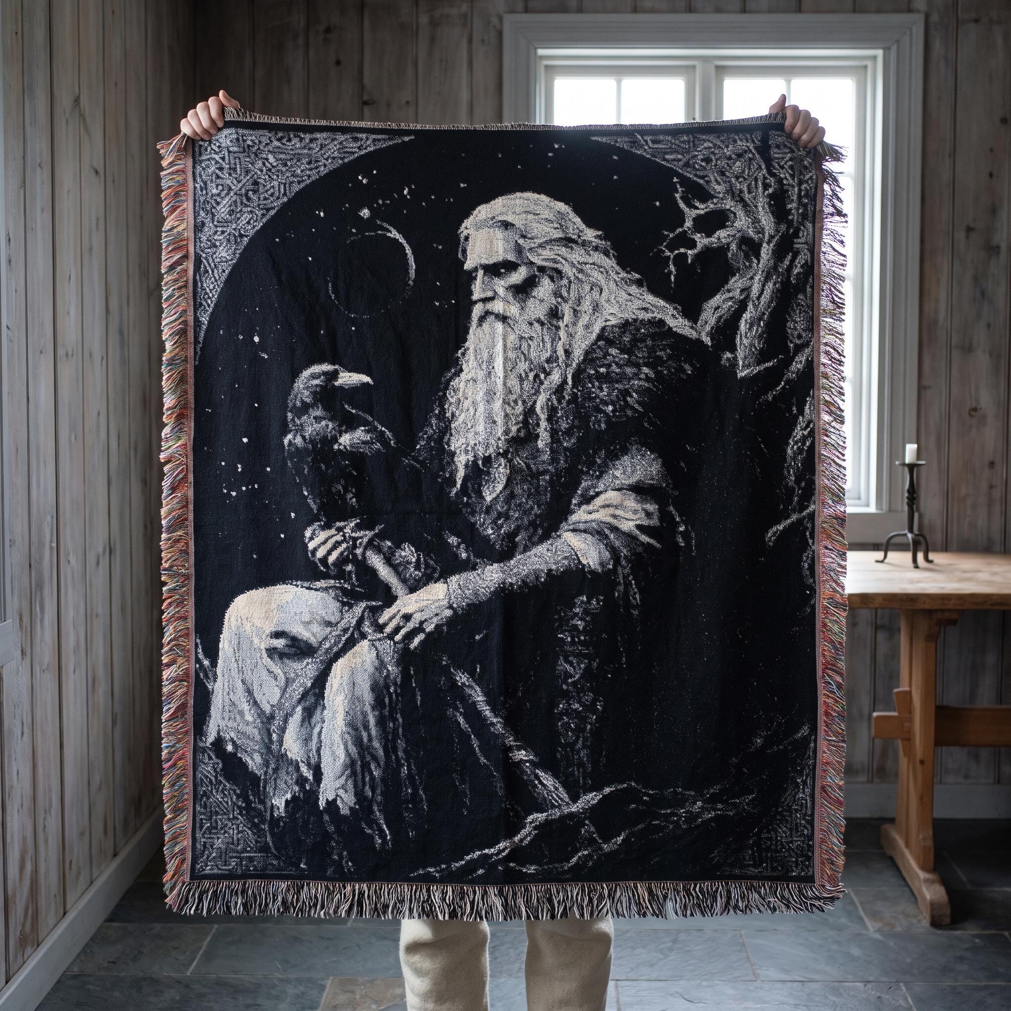 Viking Odin Blanket - Dark Fantasy Odin Woven Blanket, Norse God Viking Wall Art, Gothic Man Cave
