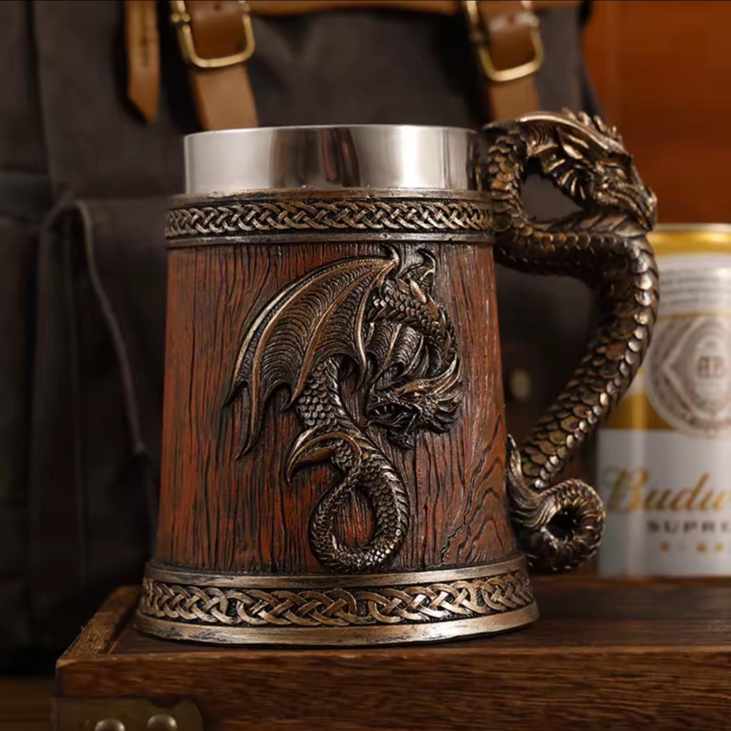 Viking Mug - Norse Warrior & Dragon Handle Stainless Steel Ale Mug