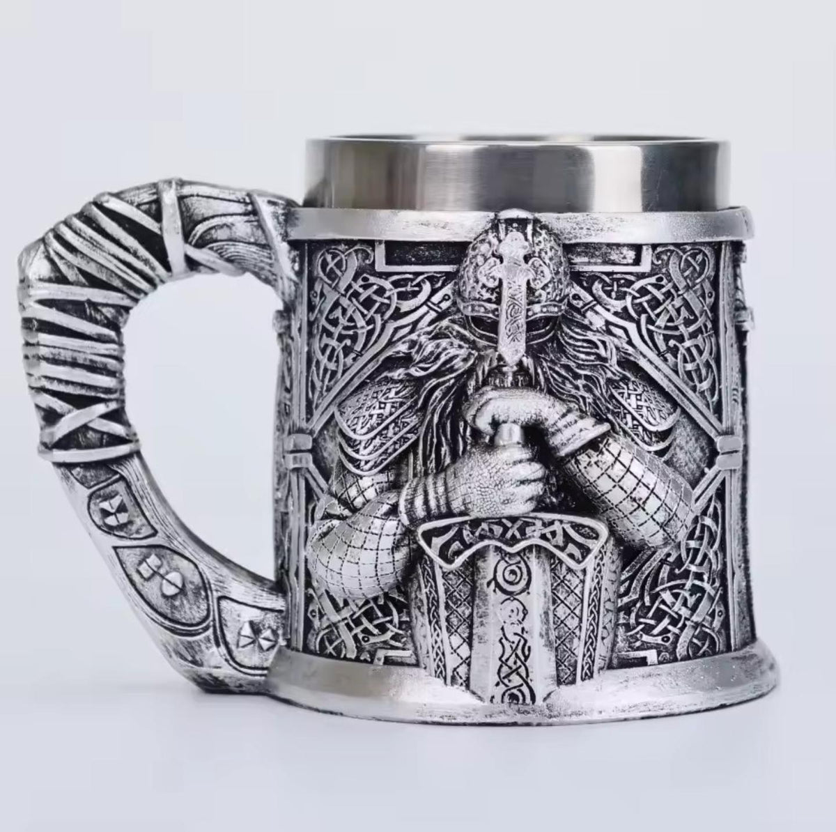 Viking Mug - Norse Warrior & Dragon Handle Stainless Steel Ale Mug
