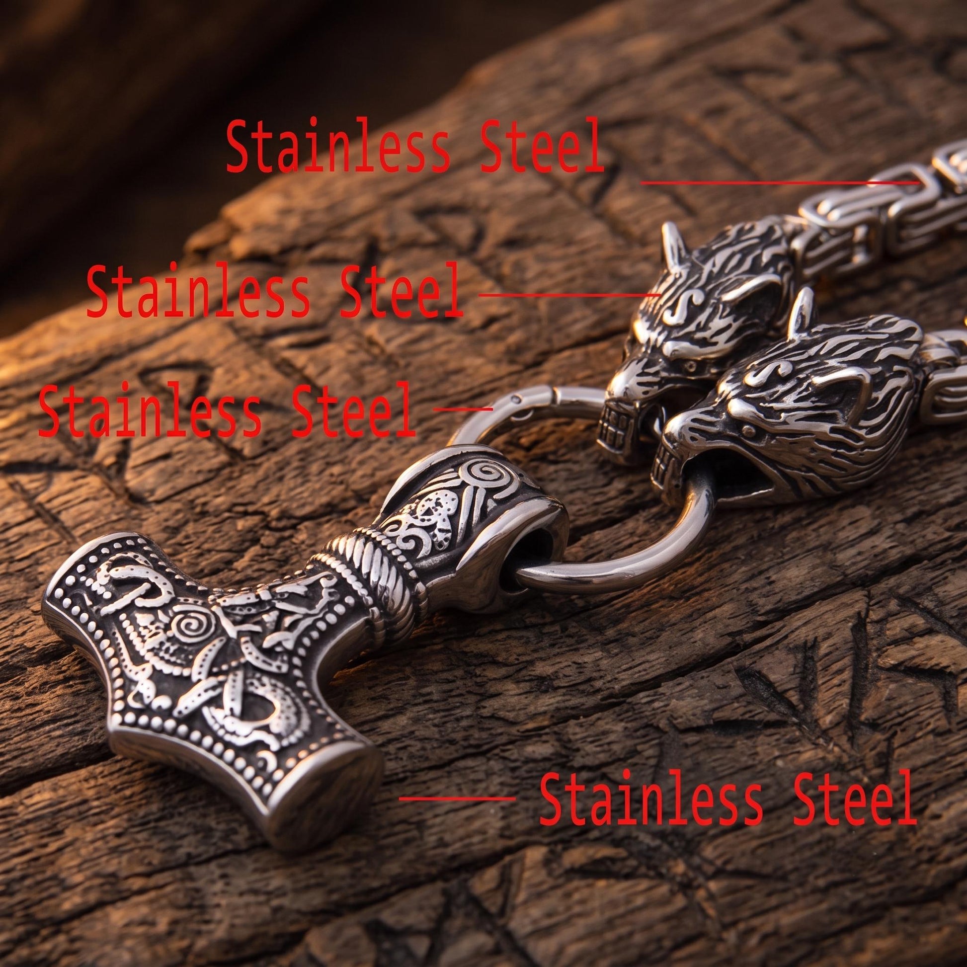 Viking Thor's Hammer Necklace - Men's Viking Wolf Head Thor's Hammer Necklace, Stainless Steel