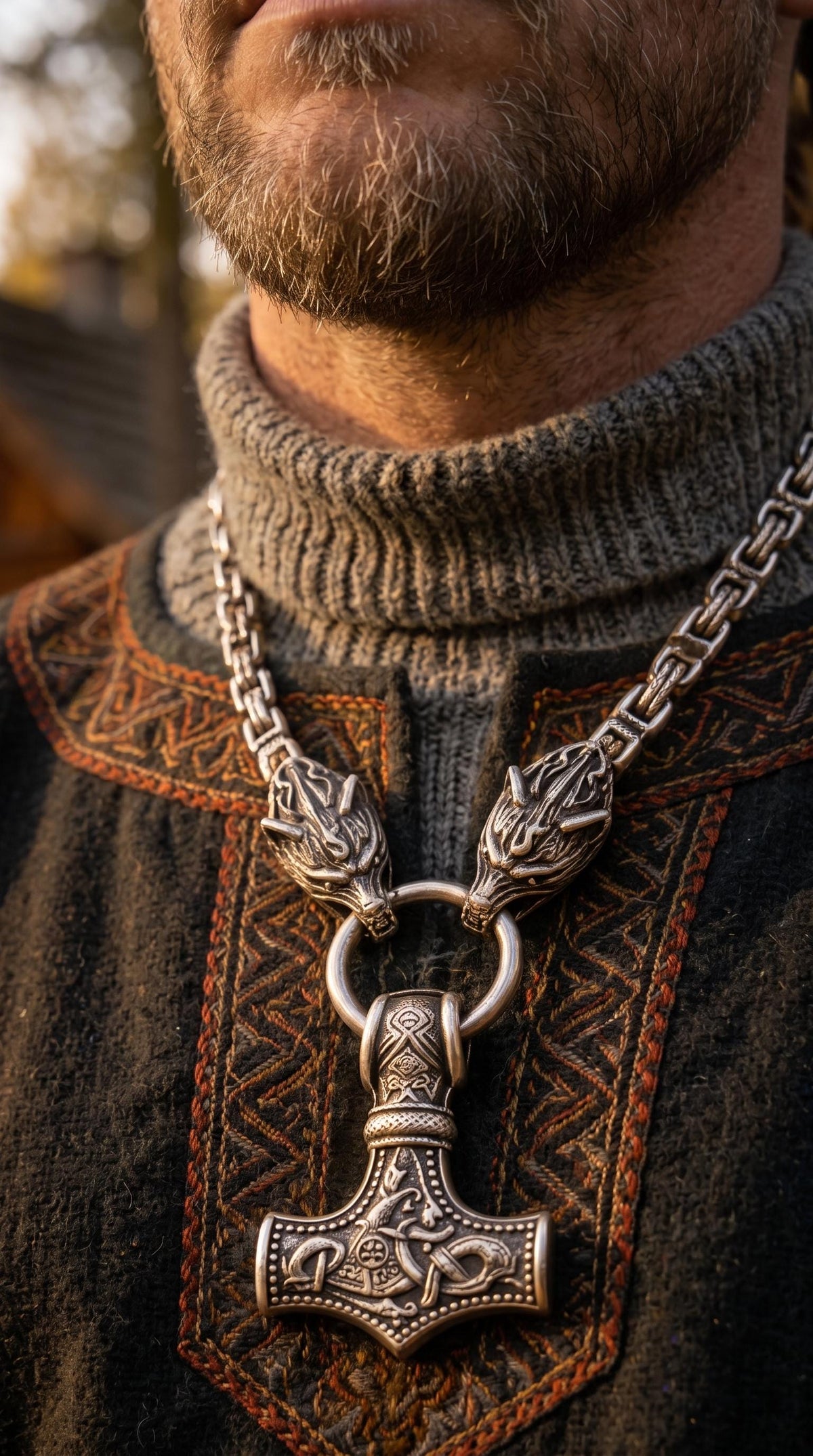 Viking Thor's Hammer Necklace - Men's Viking Wolf Head Thor's Hammer Necklace, Stainless Steel