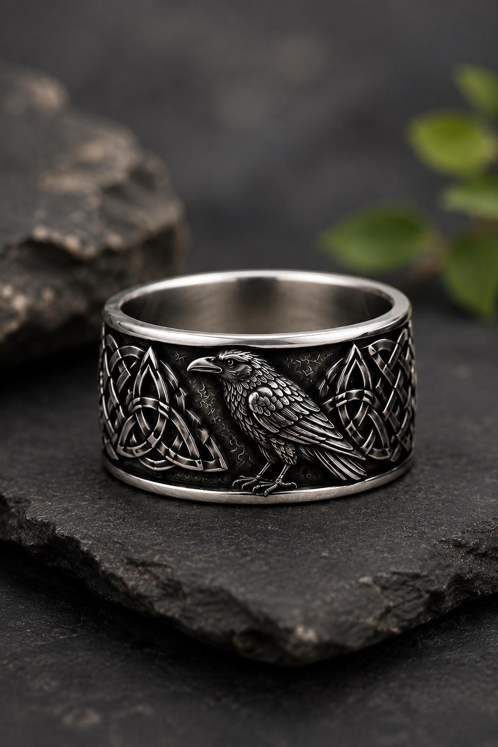Viking Raven Ring - Silver Raven Celtic Knot Ring, Oxidized Viking Band, Norse Gothic Jewelry