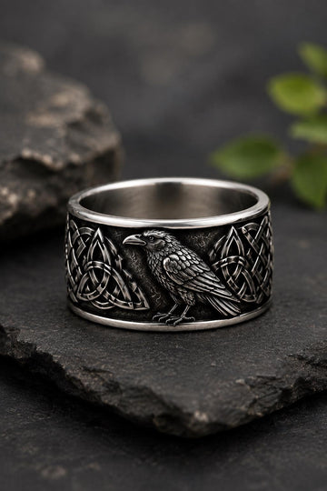 Viking Raven Ring - Silver Raven Celtic Knot Ring, Oxidized Viking Band, Norse Gothic Jewelry