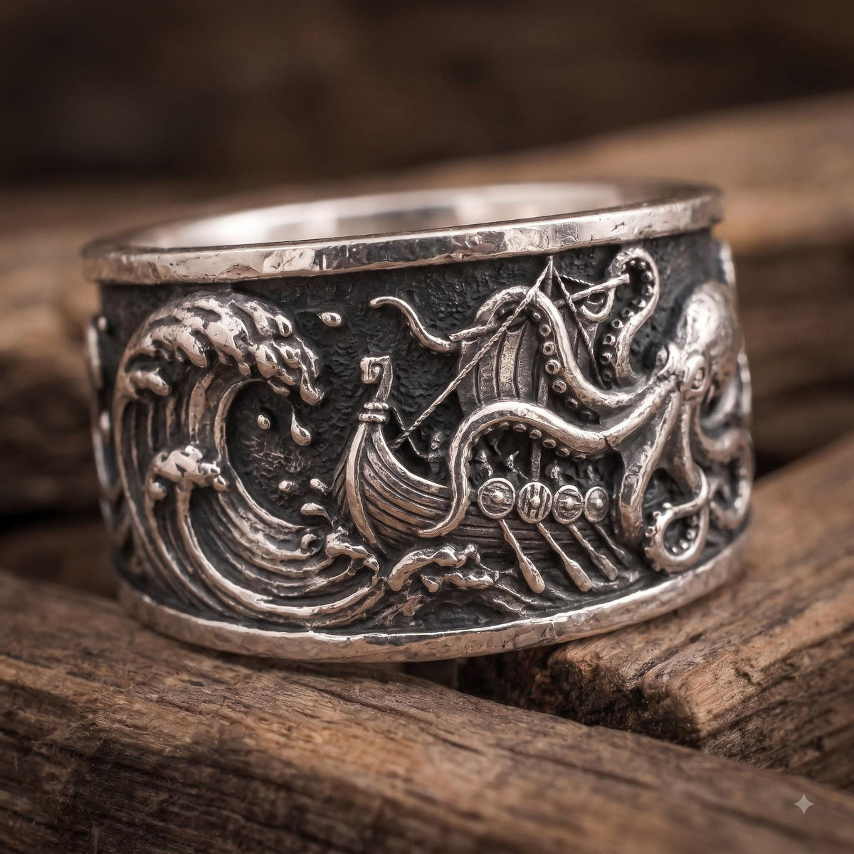 Viking Longship Ring, Oxidized Sterling Silver Band, Ocean Wave Jewelry