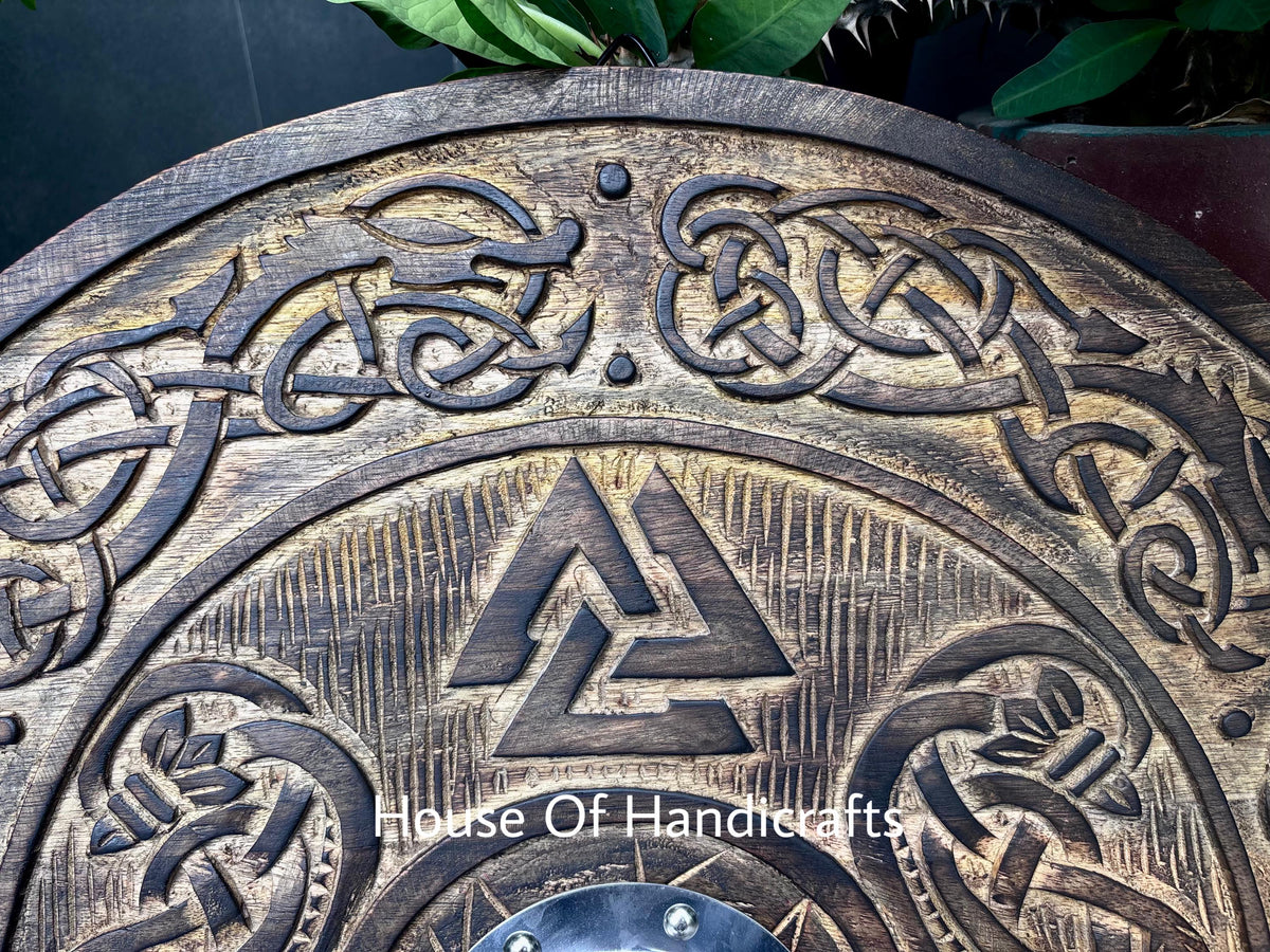 Viking Rune Weapon Replica - Handmade Viking Wooden Shield, Helm of Awe, Runes, Celtic Knots Wall