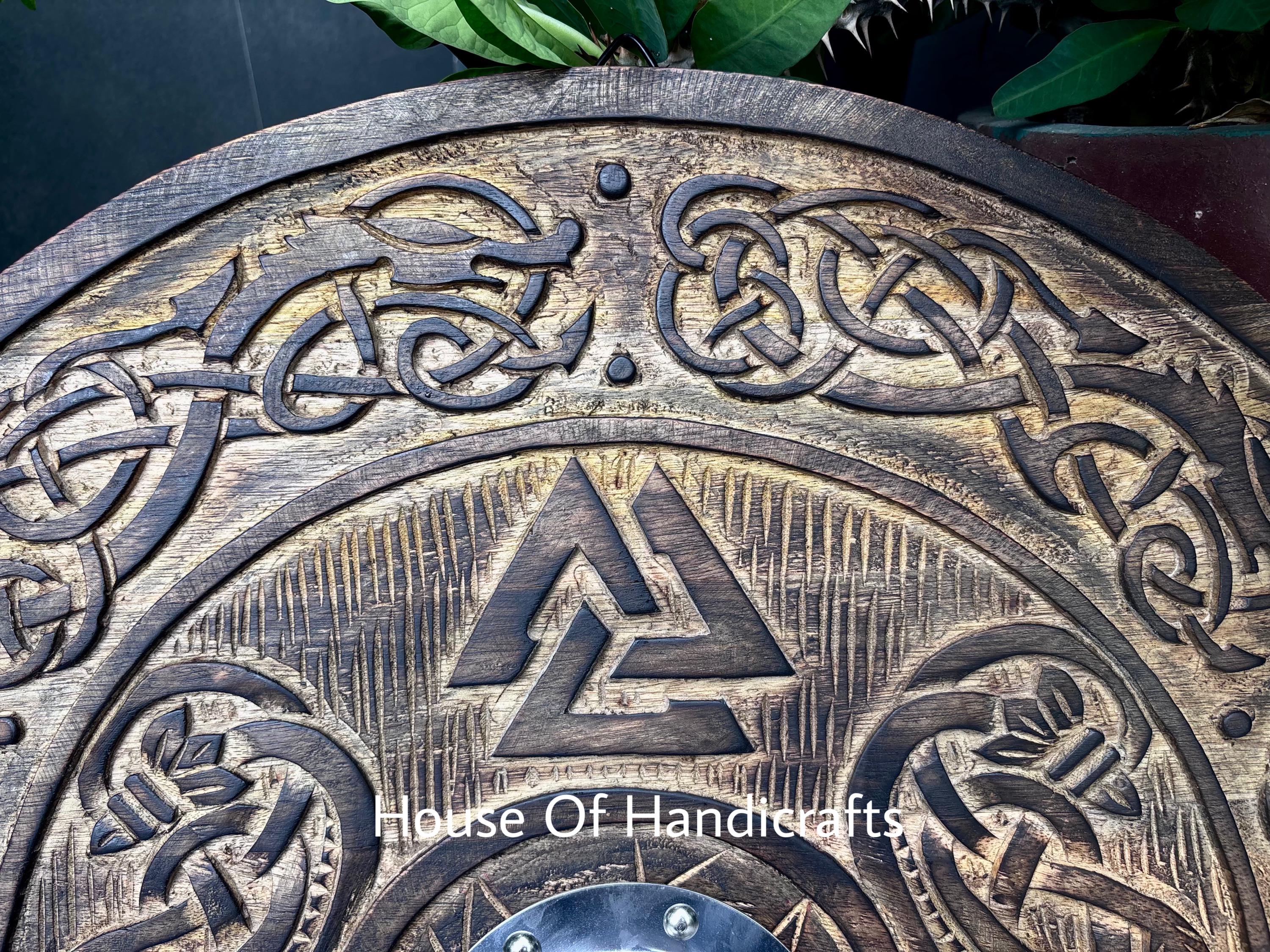 Viking Rune Weapon Replica - Handmade Viking Wooden Shield, Helm of Awe, Runes, Celtic Knots Wall