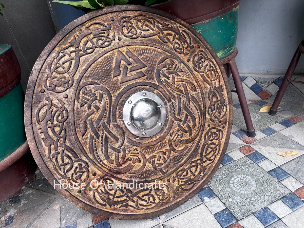 Viking Rune Weapon Replica - Handmade Viking Wooden Shield, Helm of Awe, Runes, Celtic Knots Wall