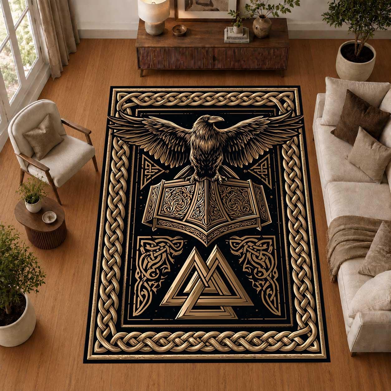 Viking Valknut Rug - Black Gold Norse Raven Viking Area Rug, Open Book Valknut Carpet, Celtic Knot