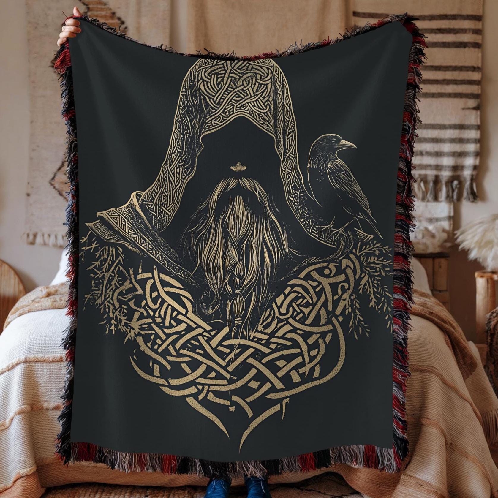 Viking Blanket - Viking Couple Woven Blanket, Norse Warrior Tapestry, Nordic Mythology Wall