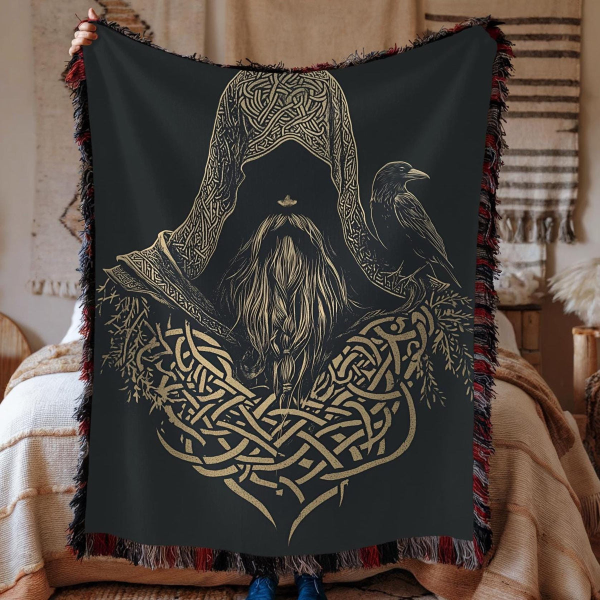 Viking Valknut Rug - Black Gold Norse Raven Viking Area Rug, Open Book Valknut Carpet, Celtic Knot