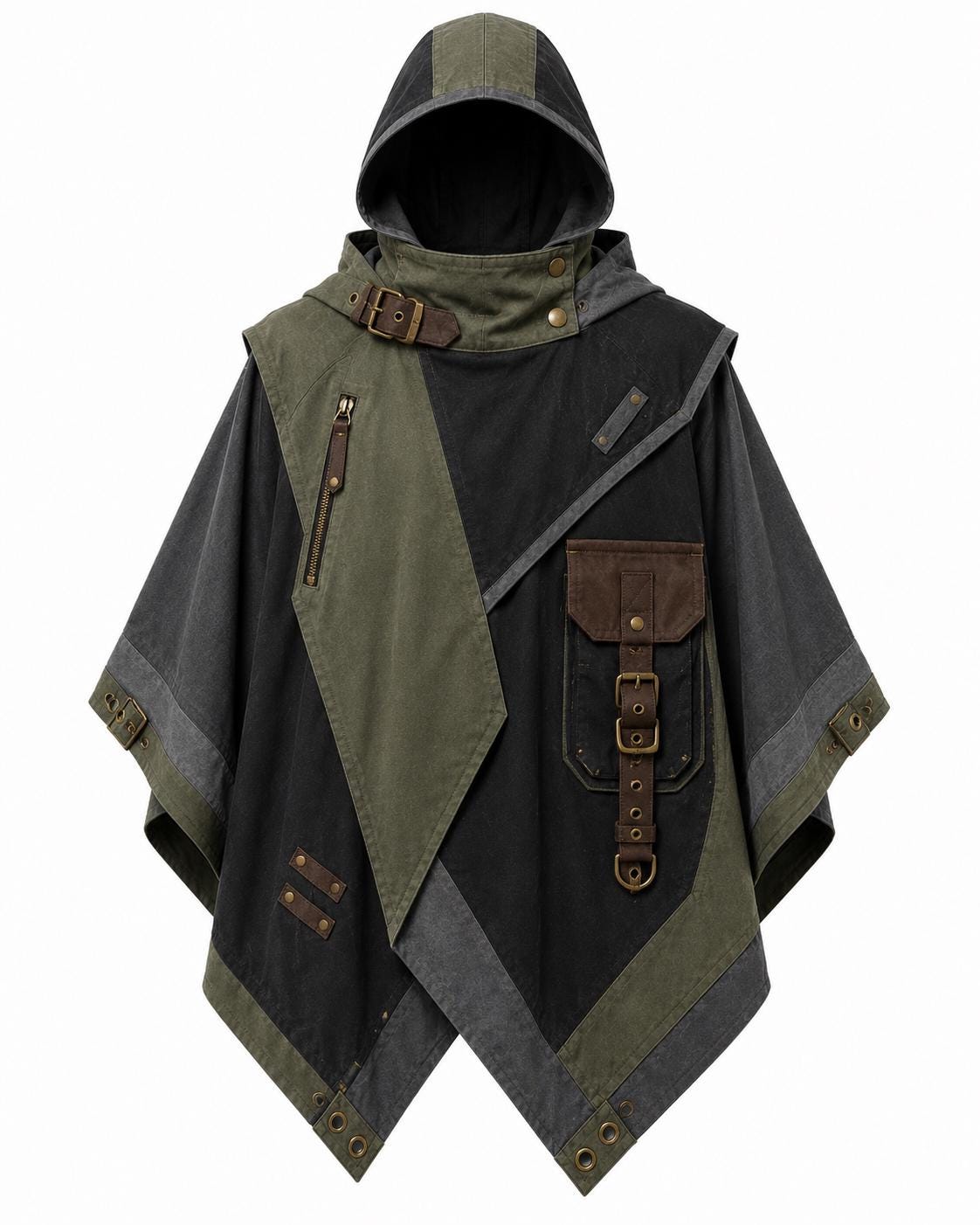 Viking Jacket - Dark Green Leather Hooded Poncho, Medieval Fantasy Cape, Viking Cloak, Renaissance