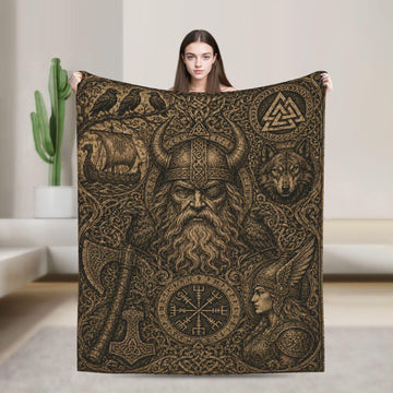 Viking Odin Blanket - Viking Odin Flannel Blanket, Norse Mythology Woodcut Art Throw, Pagan Gothic