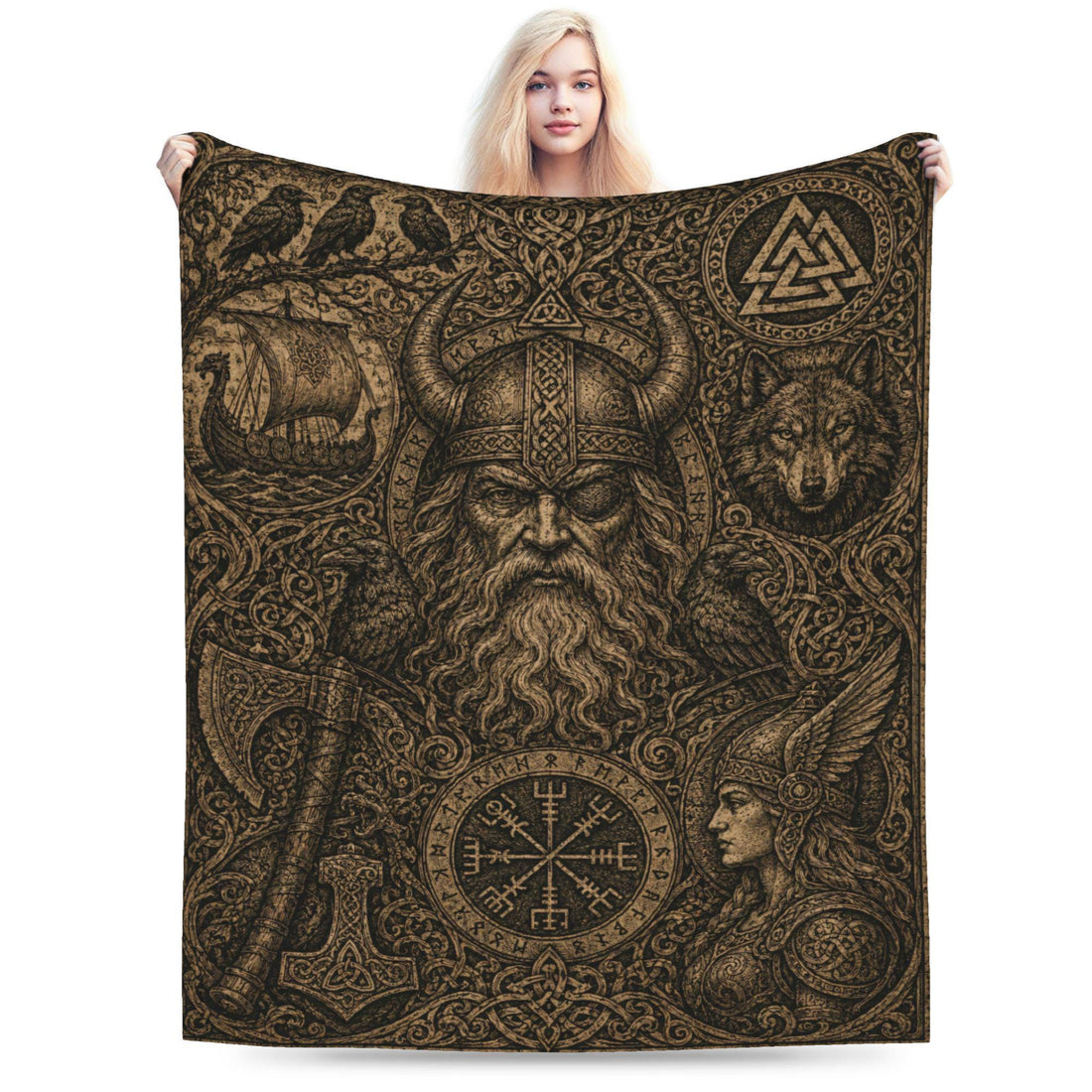 Viking Odin Blanket - Viking Odin Flannel Blanket, Norse Mythology Woodcut Art Throw, Pagan Gothic