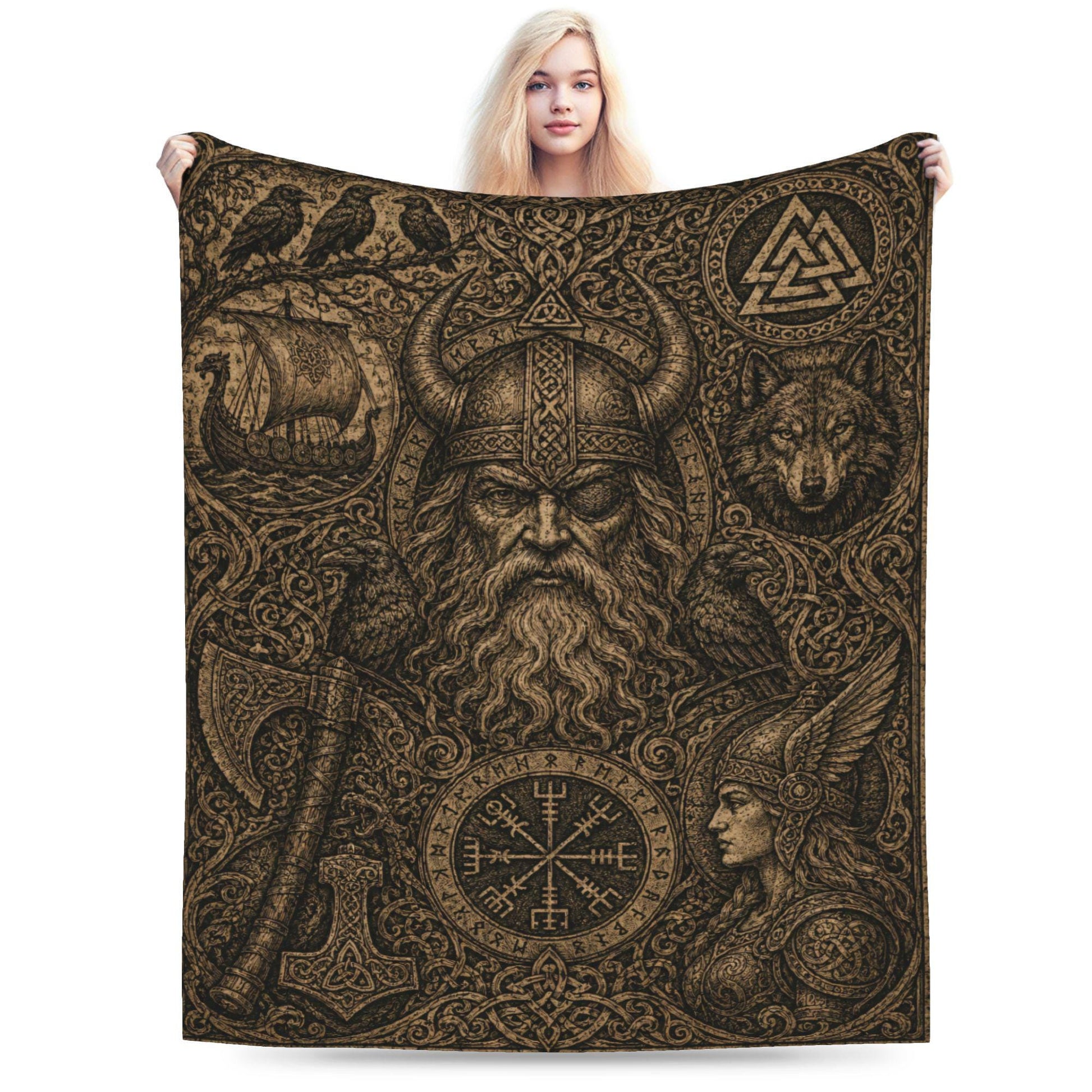 Viking Odin Blanket - Viking Odin Flannel Blanket, Norse Mythology Woodcut Art Throw, Pagan Gothic