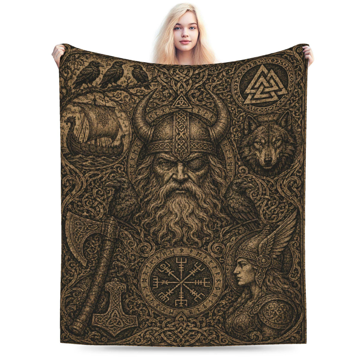 Viking Odin Blanket - Viking Odin Flannel Blanket, Norse Mythology Woodcut Art Throw, Pagan Gothic
