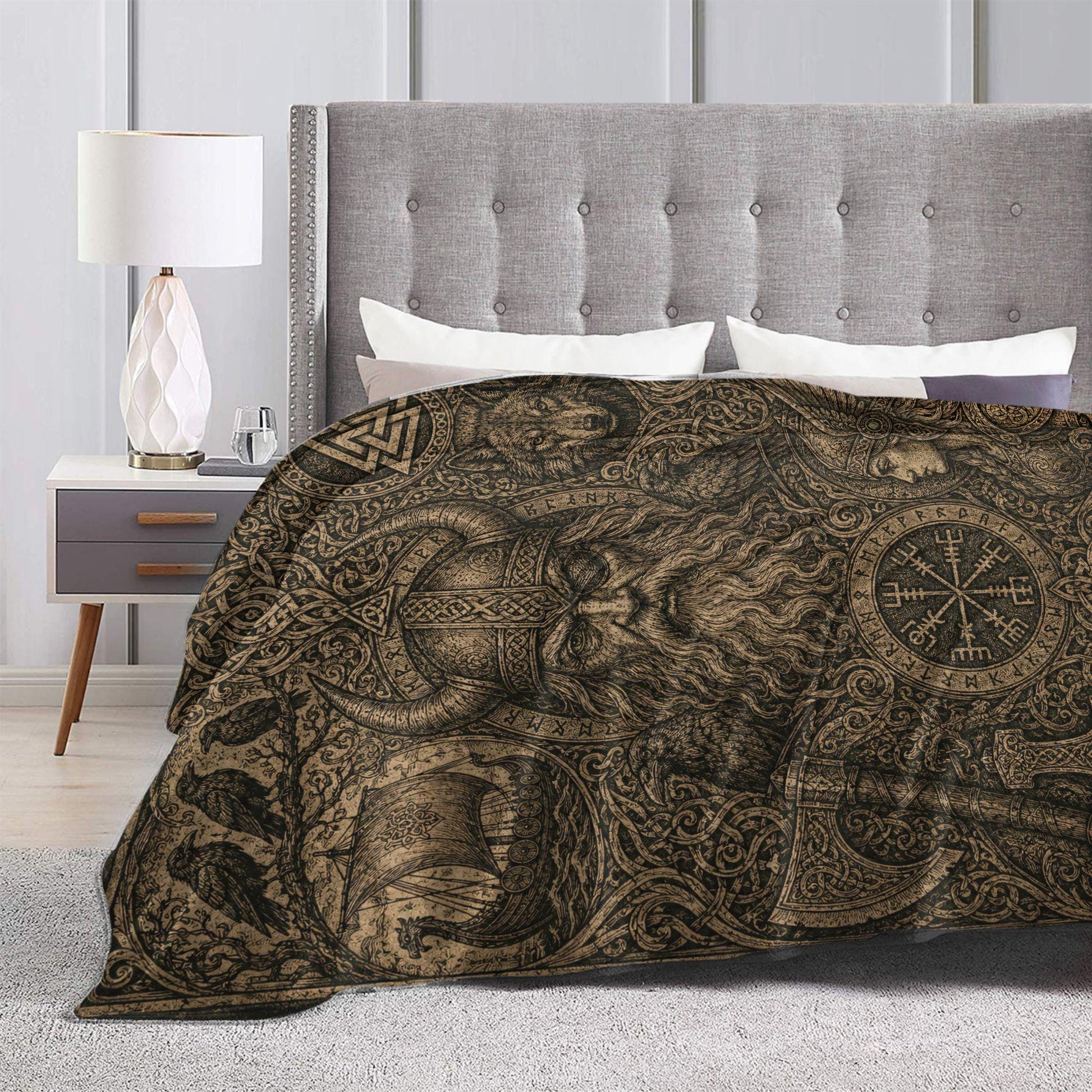 Viking Odin Blanket - Viking Odin Flannel Blanket, Norse Mythology Woodcut Art Throw, Pagan Gothic