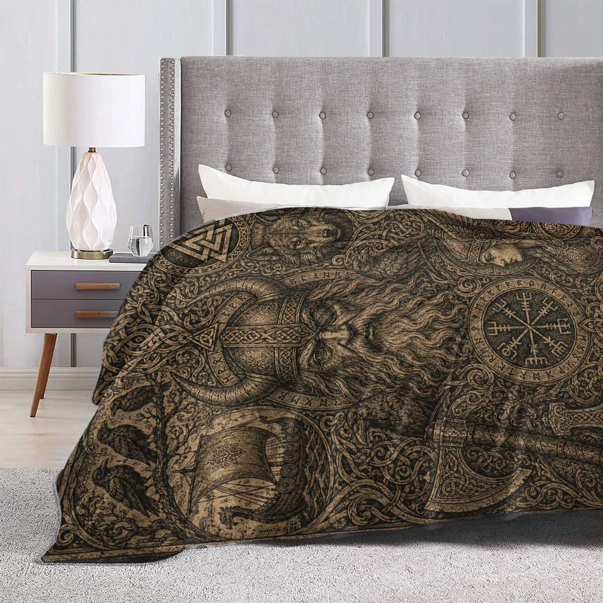 Viking Odin Blanket - Viking Odin Flannel Blanket, Norse Mythology Woodcut Art Throw, Pagan Gothic