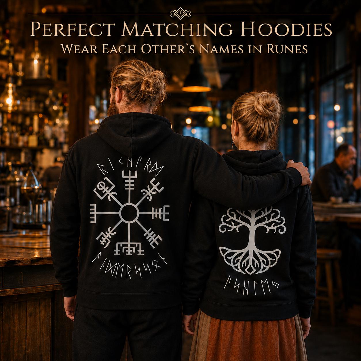 Viking Thor's Hammer Hoodie - Personalized Viking Zip Hoodie for Men Custom Rune Name Norse Symbol