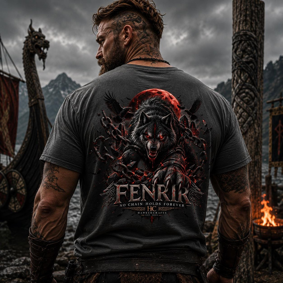 Viking Wolf T-Shirt - Fenrir Unbound Viking Shirt, Norse Wolf T-Shirt, Nordic Mythology Tee