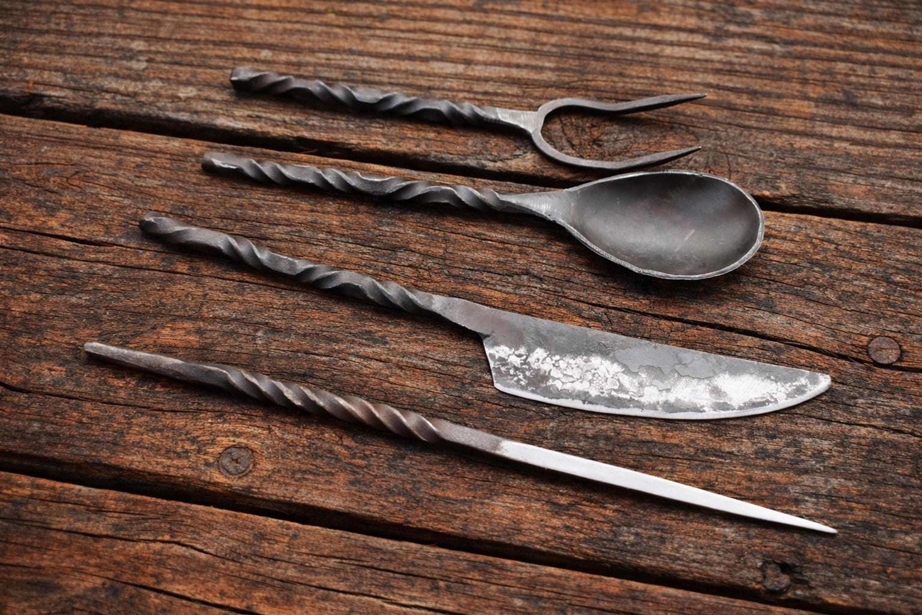 Viking Leather Accessory - Hand Forged Viking Cutlery Set – High Carbon Steel Medieval Utensils Set