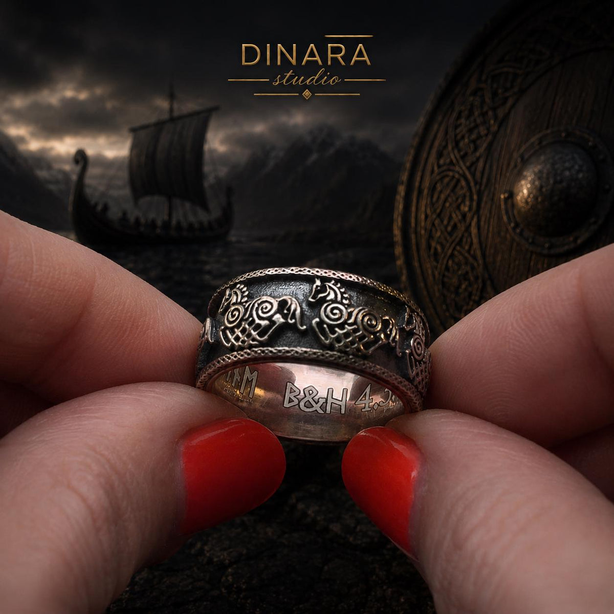 Viking Odin Ring - Sleipnir Viking Wedding Band Odin’s Eight Legged Horse Norse Rune Ring Oxidized