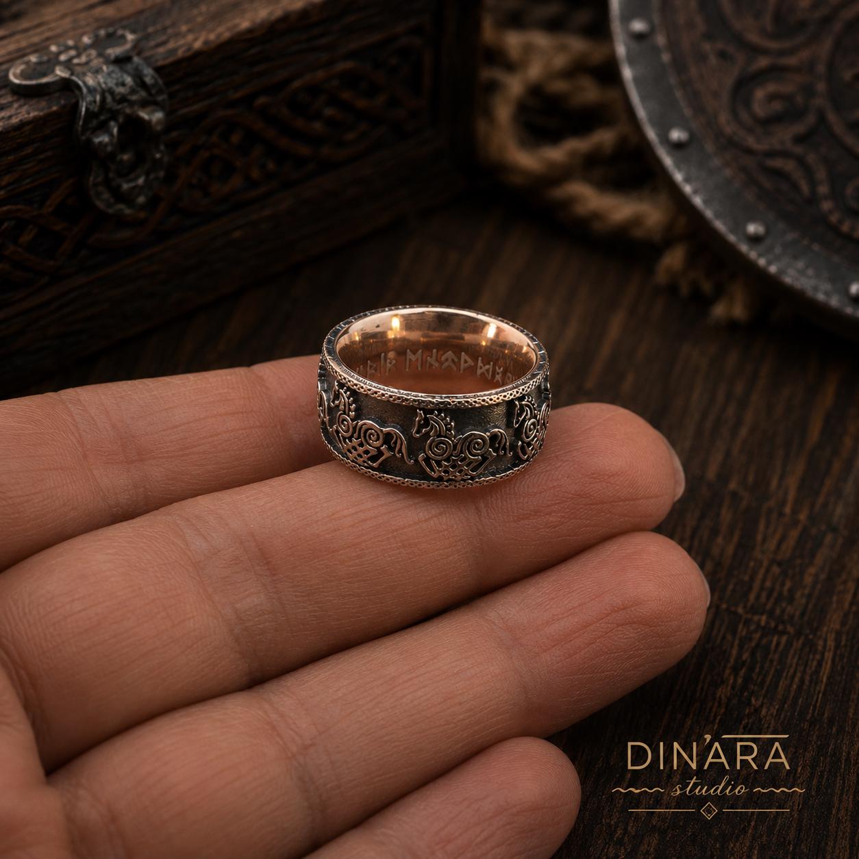 Viking Odin Ring - Sleipnir Viking Wedding Band Odin’s Eight Legged Horse Norse Rune Ring Oxidized