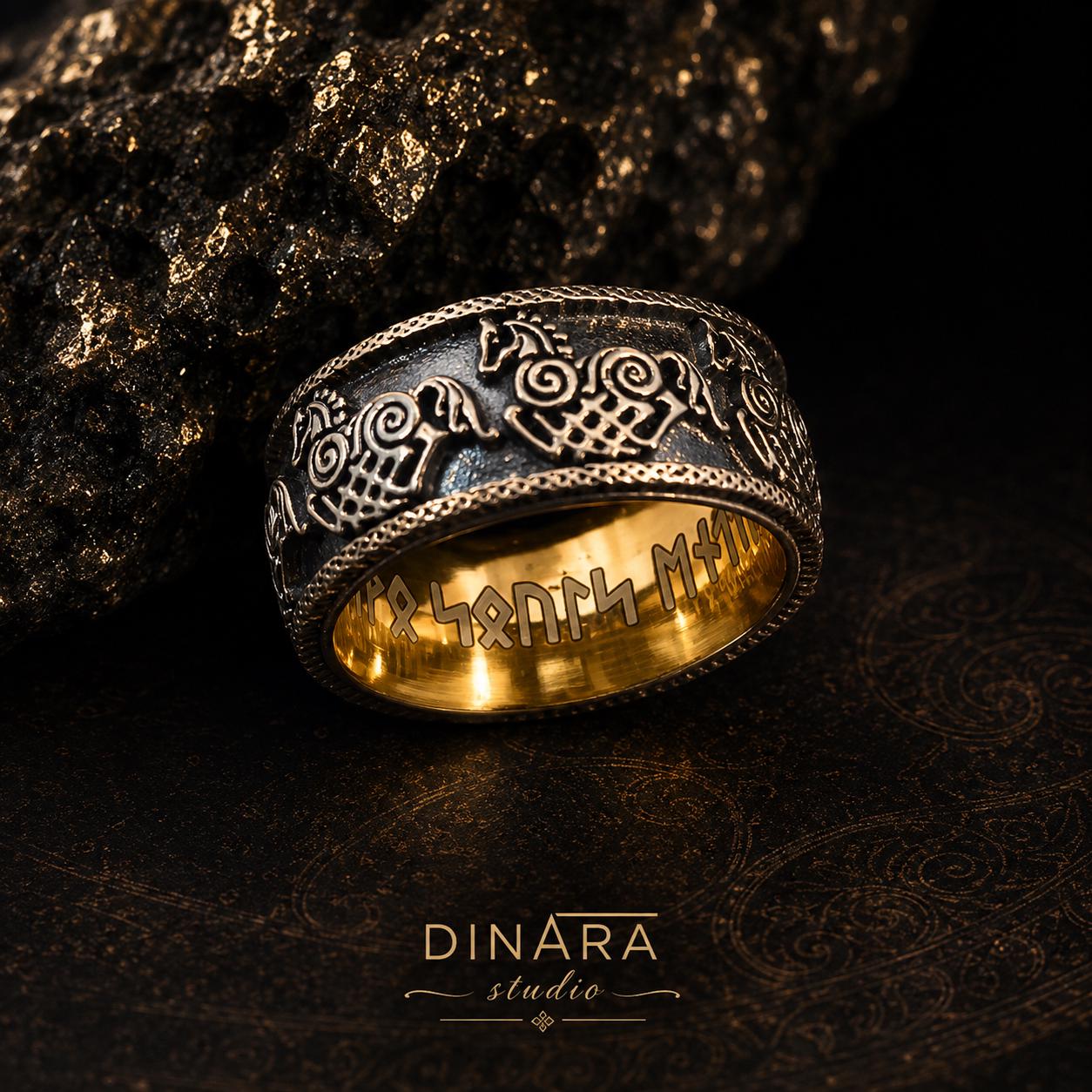 Viking Odin Ring - Sleipnir Viking Wedding Band Odin’s Eight Legged Horse Norse Rune Ring Oxidized
