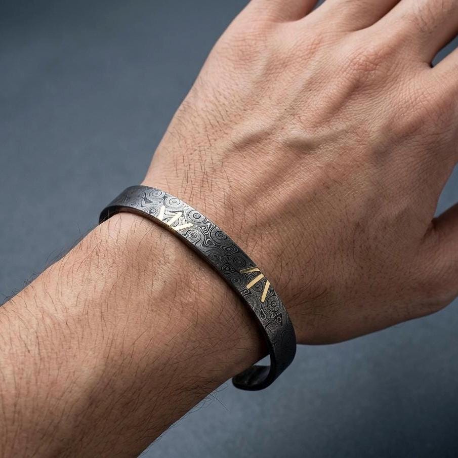 Viking Bracelet - Hand Forged Damascus Steel Cuff Bracelet with Copper Inlay Viking Bangle, Modern