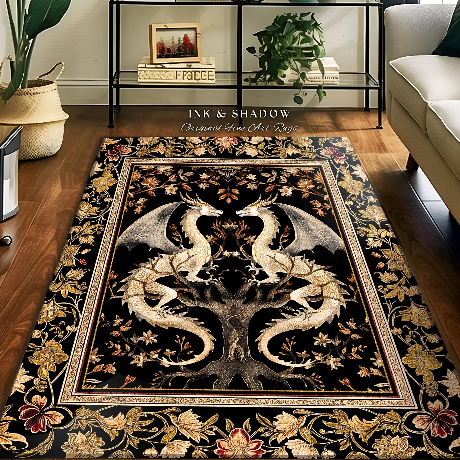 Viking Valknut Rug - Black Gold Norse Raven Viking Area Rug, Open Book Valknut Carpet, Celtic Knot