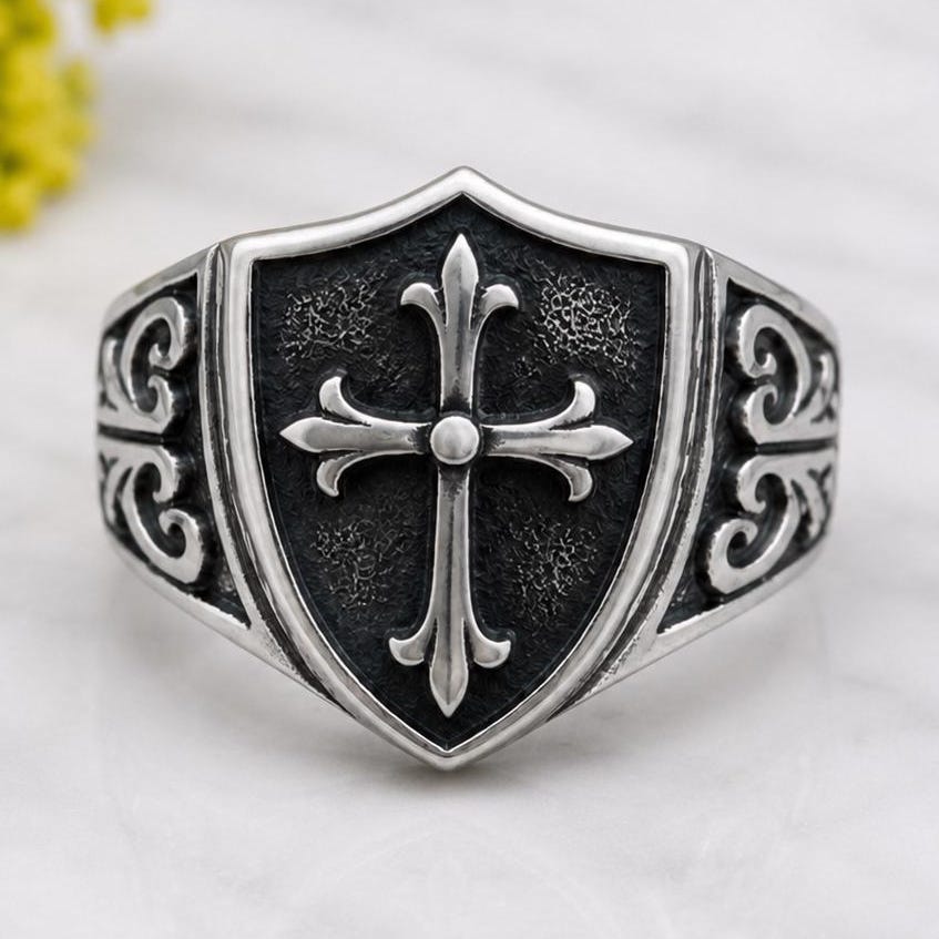 Viking Ring - Sterling Silver Gothic Cross Ring, Fleur De Lis Cross Ring, Medieval Cross Statement