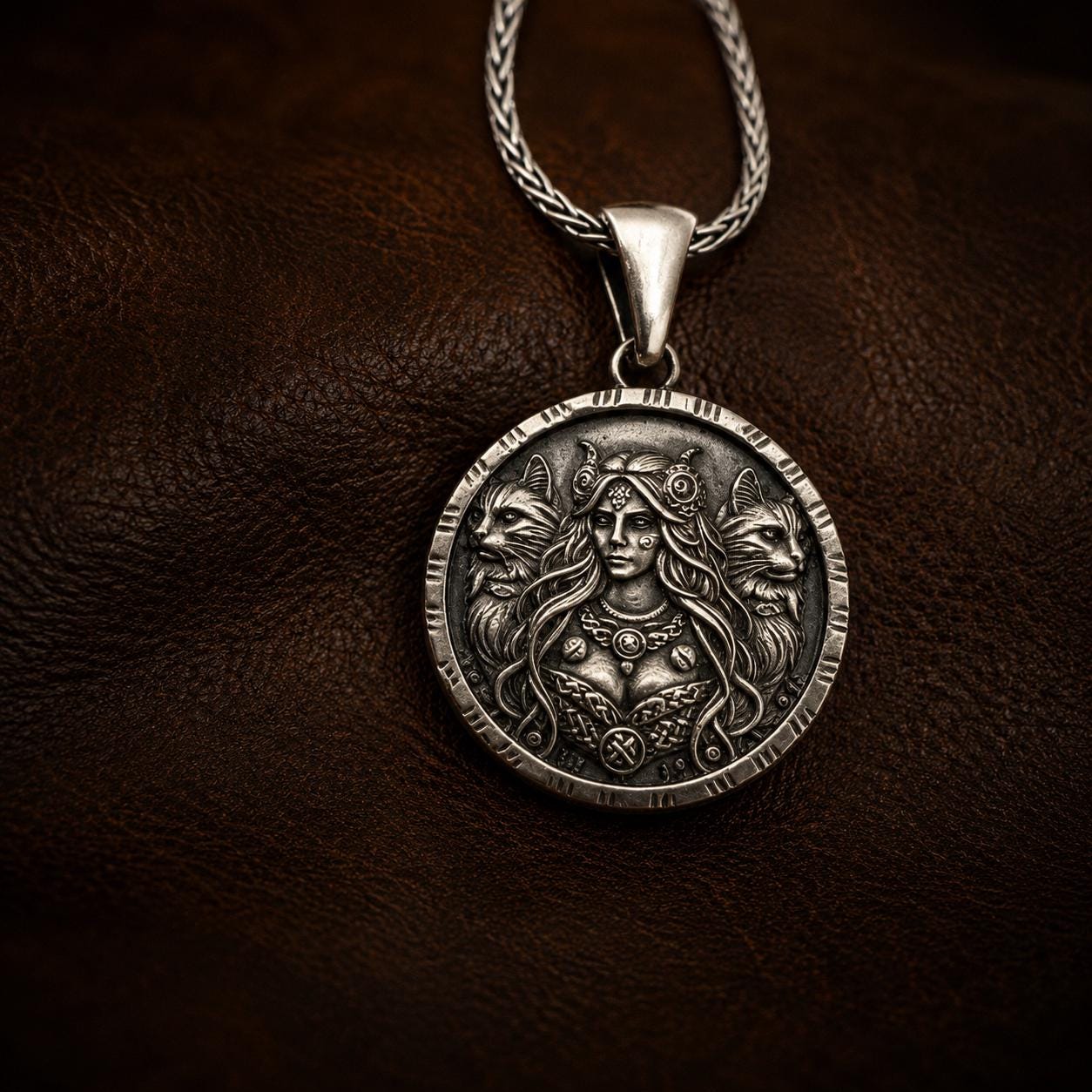 Viking Necklace - Norse Goddess Freya Coin Pendant, Viking Mythology, Freyja Sterling Silver Brass