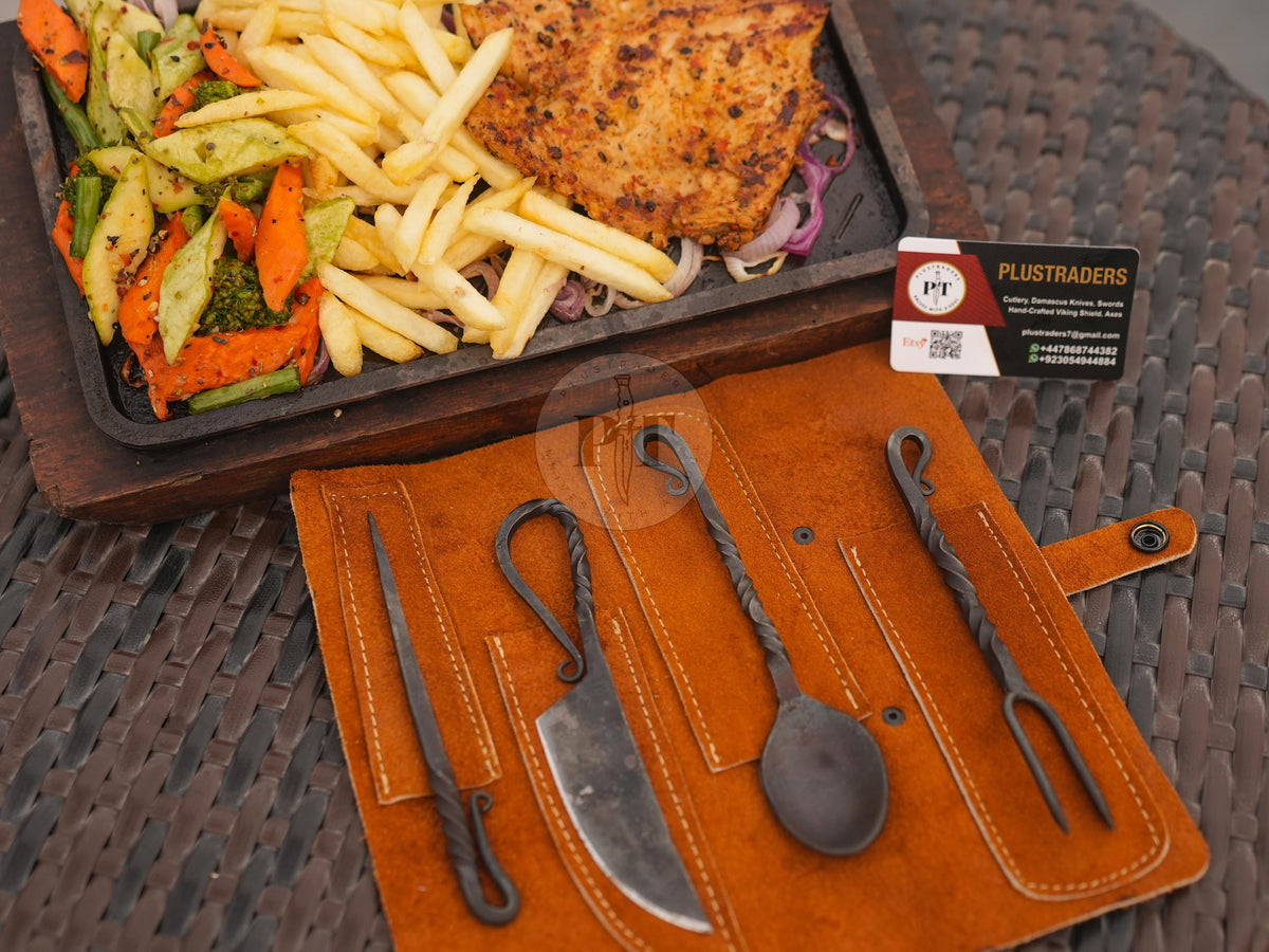 Viking Leather Accessory - Hand Forged Viking Cutlery Set – High Carbon Steel Medieval Utensils Set