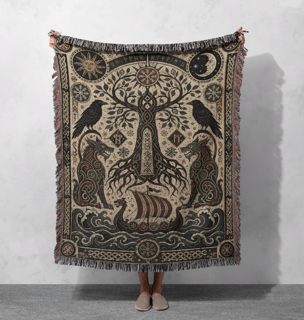 Viking Wolf Blanket - Norse Raven 100% Cotton Woven Blanket, Mythic Tree Wolf Longship Throw